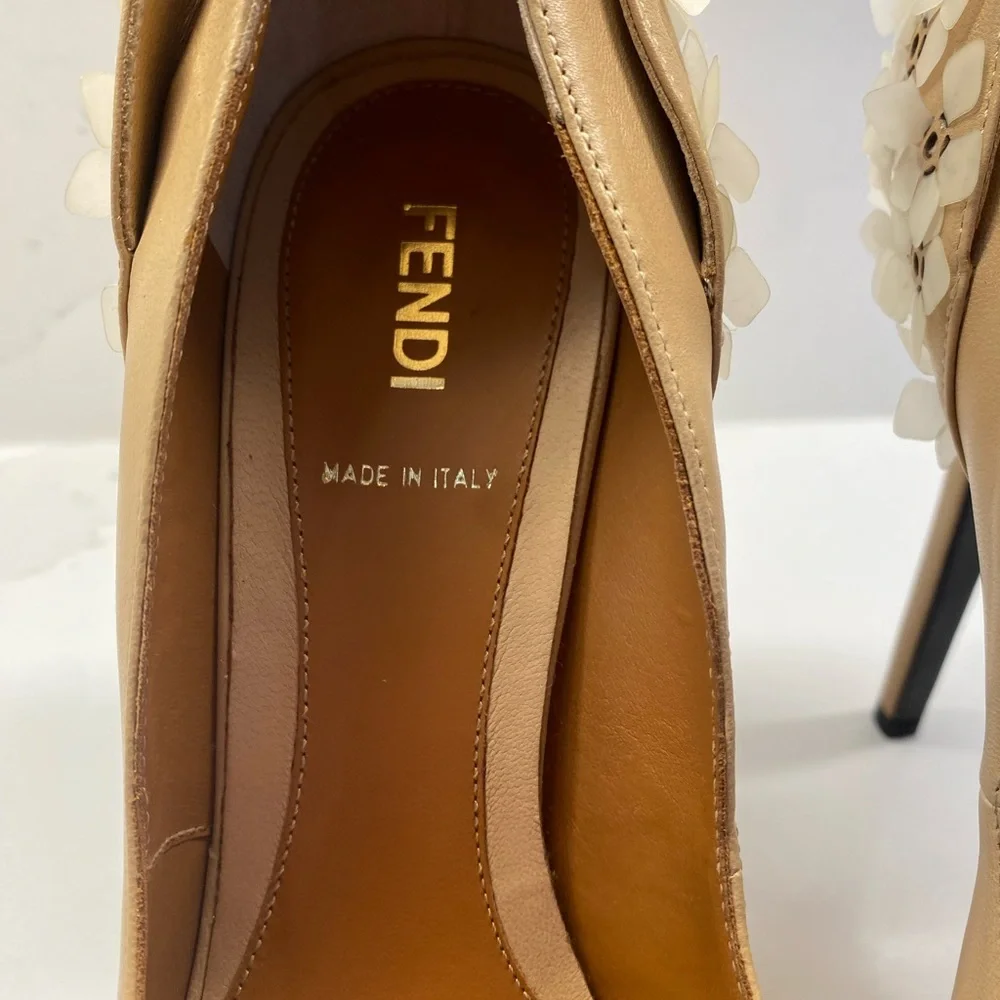 FENDI Spuntata White Floral Heel Platform Peep Toe Nude Shoes Size 7.5 - Picture 5 of 11